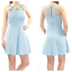 Blue Fit and Flare Dress jeweled neckline  for Wedding Guest juniors XS
